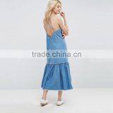 2017 Summer V Neck Cross Back Straps Maxi Long Denim Dress Woman HSD9982 thumbnail-2