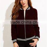 MGOO Women Burgundy Velvet Bomber Jacket With Striped Trim Plain Baseball Jacket Zipper Closure thumbnail-5
