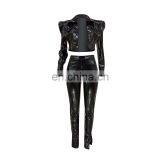 Fashion Sexy Women Casual Outfits Winter Overalls PU Leather Crop Shirt+Split Pant Tracksuit Two Pieces Set thumbnail-5
