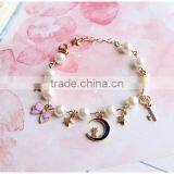 Gold Cat Moon Star Enamel Bowknot Heart Shape Key Charms Bracelet Pearl Bead Linked Bracelet thumbnail-2