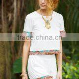 Two-piece-outfits Latest Fashion Design Women Clothing White Fringe Trim Short Sleeve T-shirt With Shorts thumbnail-1