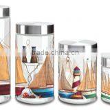 SINOGLASS 4 pcs MARITIME ADVENTURE decal stainless steel lid airtight glass Storage canister jar set