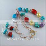Gemstone Necklace & Earrings Set, With Lampwork Beads, Shell Pearl, Turquoise, Coral, Amethyst thumbnail-1