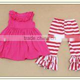 Wholesale Cotton Baby Clothes Kids Soild Color Dress And Ruffle Stripe Pants Children's Boutique Set thumbnail-1