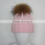 Myfur Baby Pink High Quality Wool Acrylic Knitting Hat and Cap With Raccoon Fur Ball Wholesale thumbnail-2