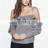 High Fashion Gingham Ruffled Frill Top, Long Sleeves With Fused Cuffs