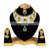 Gold Plated Indian Handmade Ethnic Party wear Kundan Zerconic Necklace set Green Color