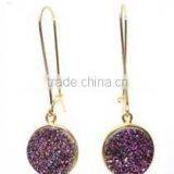 Mini Round Disk Drop Earring Drusy Druzy Flat Stone Earring