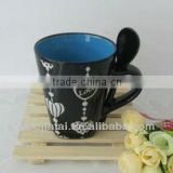 11oz Inner Blue Glazed Heart Decal Printing Ceramic Conical Spoon Mug with Square Bottom