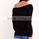 MGOO Plain Black Off Shoulder Knitted Jumper Oversized Long Sleeve Knitwear Loose Sweater With Own Label thumbnail-4