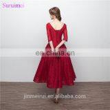 Wine Red Bridesmaid Dresses With Half Sleeves V Neck Corset Lace Up Tea Length Brides Maid Dress Vestidos De thumbnail-4
