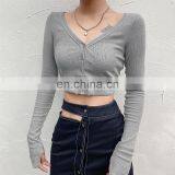 2020 Fall New Women Slim V-neck Cropped Top Solid Color Button Long Sleeve Cardigans thumbnail-4