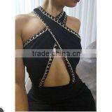 2016 New Black White Khaki Sey Deep V-neck Beading Bodycon Elegant Celebrity Party Pencil Women Knee-length Bandage Dress thumbnail-4