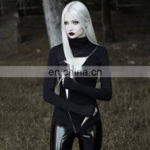 Wholesale Custom Dark Punk Style Irregular Zipper Chest Hollow Long-sleeved Shirt High Collar Sexy Thin Irregular T-shirt thumbnail-3