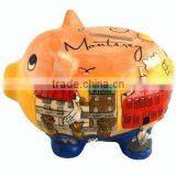 Hand Painted Puff Pink Yellow Piggy Bank thumbnail-2