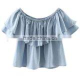 2016 Women Off Shoulder Ruffle Hem Sexy Slash Neck Cute Summer New Fashion Cotton Loose Blouse thumbnail-3