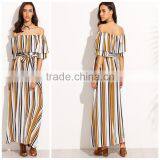Woman Fashion Striped Off The Shoulder Tie Waist Chiffon Maxi Dress thumbnail-1