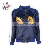 HAODUOYI Women Blue Winter Poppy Writer Bomber Jacket thumbnail-1