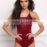 MGOO New Designs 2017 Lace Up Cross Strap Bodysuits Burgundy Satin Playsuits 2017 Summer Designs Beach Style thumbnail-2