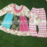 2016 Back to School Girl Boutique Clothing Set Red Apple and Green Stripes Girls Cotton Frock Designs With Pink Capris Outfit thumbnail-3