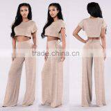 Jump Suit 100 % Polyester Sleeve Crewneck Cropped Length Sweater Knit Top And Wide Leg Pants Women Slim Fit Suits thumbnail-1