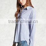 Woman Long Sleeve Striped Button Down Basic Collar Curved Hem Cotton Blouse thumbnail-4