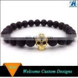 New Trendy Rhinestone Skull Bead Black Lava Stone Beads Bracelet For Man