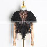 TWOTWINSTYLE Shirts For Women Butterfly Short Sleeve Loose Ruffles Hollow Out Irregular Hem Casual Lace thumbnail-1