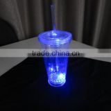 16OZ Flashing LED plastic cup novelty light up double wall tumbler with straw