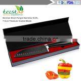 German Steel Forged Santoku Knife, 7-Inch Titanium Coated Blade thumbnail-6