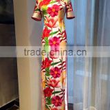 100% silk chinese dress printing red long cheongsam