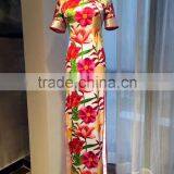 100% silk chinese dress printing red long cheongsam