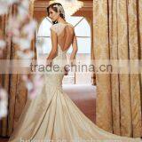 Champagne Color Satin Lace Cap Sleeve Mermaid Deep Backless Wedding Dress thumbnail-2