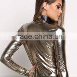 MGOO Custom Made Pewter Metallic Plunge Bodysuits Custom Long Sleeves V Neck Sexy PU Polyester Lycra Women Tops thumbnail-5