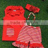 Baby Girls Boutique Clothing Girls Summer Outfits Red Stripe Ruffle Shorts Top With Pocket With Accessories thumbnail-1