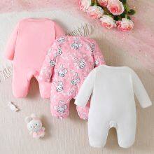 3pcs Newborn Baby's Solid Color/Cartoon Rabbit Print Long Sleeve Footie, Toddler & Infant Girl's Comfy Footed Romper For Spring Fall thumbnail-2