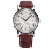 Steel Case White Dial Date Quartz Analog Genuine Leather Band Men Wrist Watch thumbnail-1