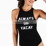Modal Rayon Spandex Black Pattern Print Round NeckSlogan Print Racer Front Bodysuit thumbnail-3