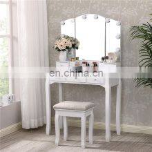 Women Wooden Foldable Glass Mirror Makeup Table Dressing Room Table and Chair Led Light