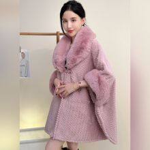 High-end Solid Color Large Fur Collar Shawl Coat Plush Thickened Warm Medium Length Large Size Loose Cape Cardigan thumbnail-2