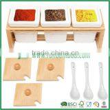 Set of 3 White Ceramic Condiment Pots / Spice Serving Jars With Serving Spoons & Bamboo Stand thumbnail-2