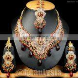 Bollywood Kundan Fashion Gold Tone Jewelry Glowing CZ Necklace Set Maroon F016 thumbnail-1