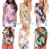 Custom Plus Size USA Women's Floral Print Boutique Summer Casual Short Sleeves Front Side Knot T-Shirts Tops thumbnail-1