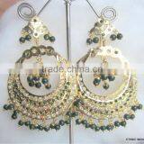 Green Beads Gold Plated Jadau Pearl Temple Dangler EARRINGS thumbnail-1