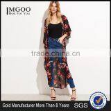 Custom Flower Print Women Soft Comfortable Beachwear Outwear Black Floral Longline Chiffon Kimono thumbnail-1