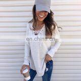 2020 New Arrival Fashion Style Long Sleeve V-neck Solid T-shirt For Women thumbnail-4