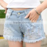 Denim shorts, wear ragged hole three shorts jeans pants with beads