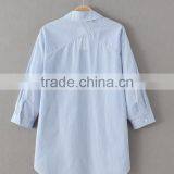 Runwaylover EY2326B 2017 Latest Blouse Design Women's Blue Striped Cold Shoulder Tie Sleeve Shirt thumbnail-3