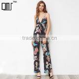 Black Floral Ladies Jumpsuit, 2017 Fashion Deep V-neck Long Romper thumbnail-1