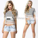 European Style Sexy Women Fashion Round Neck White Short Sleeve Top Stripe Cropped T-shirt 2017 thumbnail-1